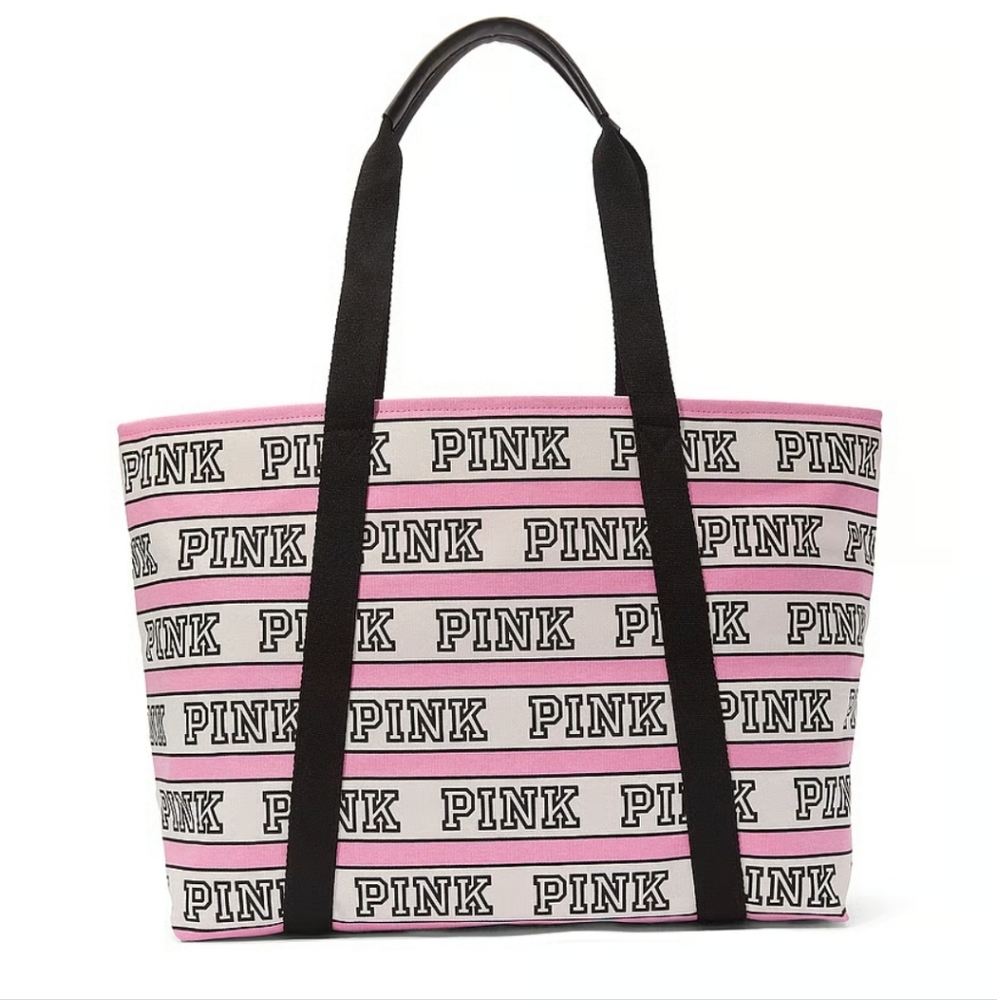 VICTORIA'S SECRET LOGO PINK STRIPED ZIP TOP CANVAS TOTE NEW WITH TAGS